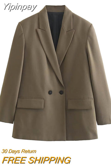 Yipinpay 2023 Brown Double Breasted Blazer Women Office Casual Blazer Woman Long Sleeve Elegant Women's Jacket Autumn Winter Coat